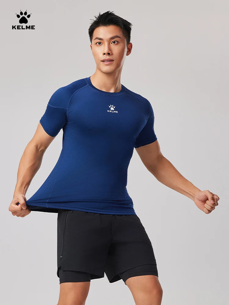 Kelme Men's Fitness T-shirt High Elastic Breathable Tights Round Neck Training Short Sleeves Outdoor Hiking Camping Tops AllFourSports