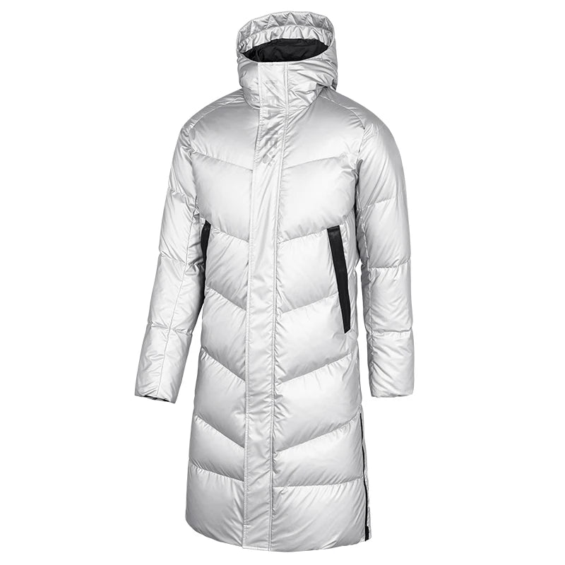 KELME Winter Down Jacket Mens Silver Color Hooded Long  90% White Duck Down Hiking Camping Warm Windproof Sports Coat 8061YR1002 AllFourSports