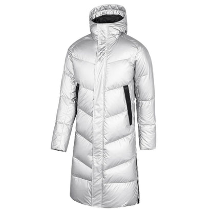 KELME Winter Down Jacket Mens Silver Color Hooded Long  90% White Duck Down Hiking Camping Warm Windproof Sports Coat 8061YR1002 AllFourSports