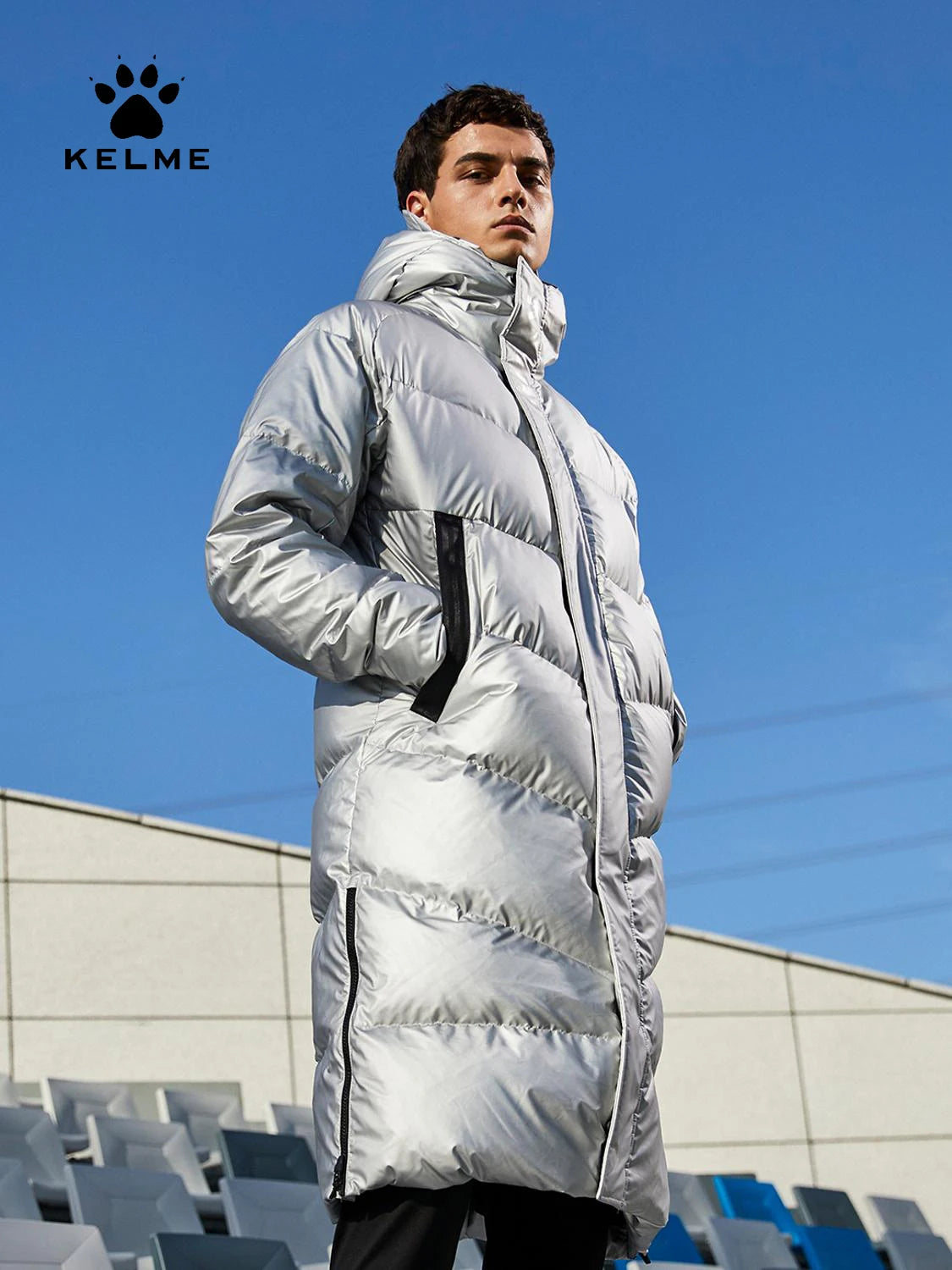 KELME Winter Down Jacket Mens Silver Color Hooded Long  90% White Duck Down Hiking Camping Warm Windproof Sports Coat 8061YR1002 AllFourSports
