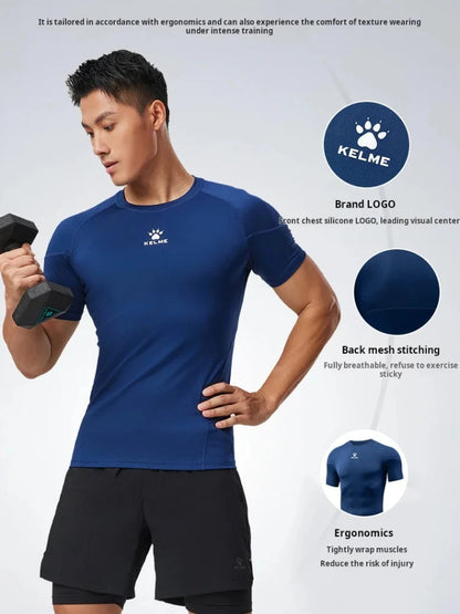 Kelme Men's Fitness T-shirt High Elastic Breathable Tights Round Neck Training Short Sleeves Outdoor Hiking Camping Tops AllFourSports