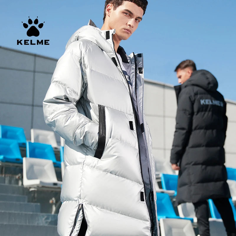 KELME Winter Down Jacket Mens Silver Color Hooded Long  90% White Duck Down Hiking Camping Warm Windproof Sports Coat 8061YR1002 AllFourSports
