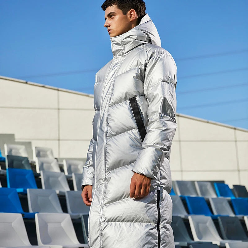 KELME Winter Down Jacket Mens Silver Color Hooded Long  90% White Duck Down Hiking Camping Warm Windproof Sports Coat 8061YR1002 AllFourSports