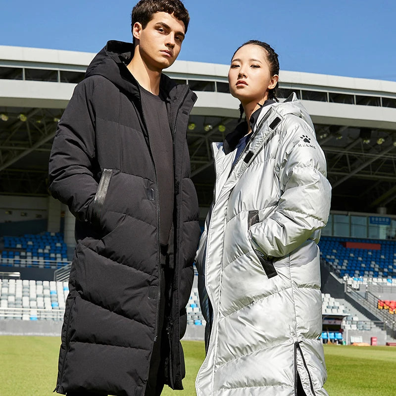 KELME Winter Down Jacket Mens Silver Color Hooded Long  90% White Duck Down Hiking Camping Warm Windproof Sports Coat 8061YR1002 AllFourSports