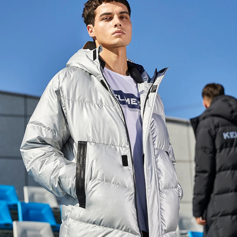 KELME Winter Down Jacket Mens Silver Color Hooded Long  90% White Duck Down Hiking Camping Warm Windproof Sports Coat 8061YR1002 AllFourSports