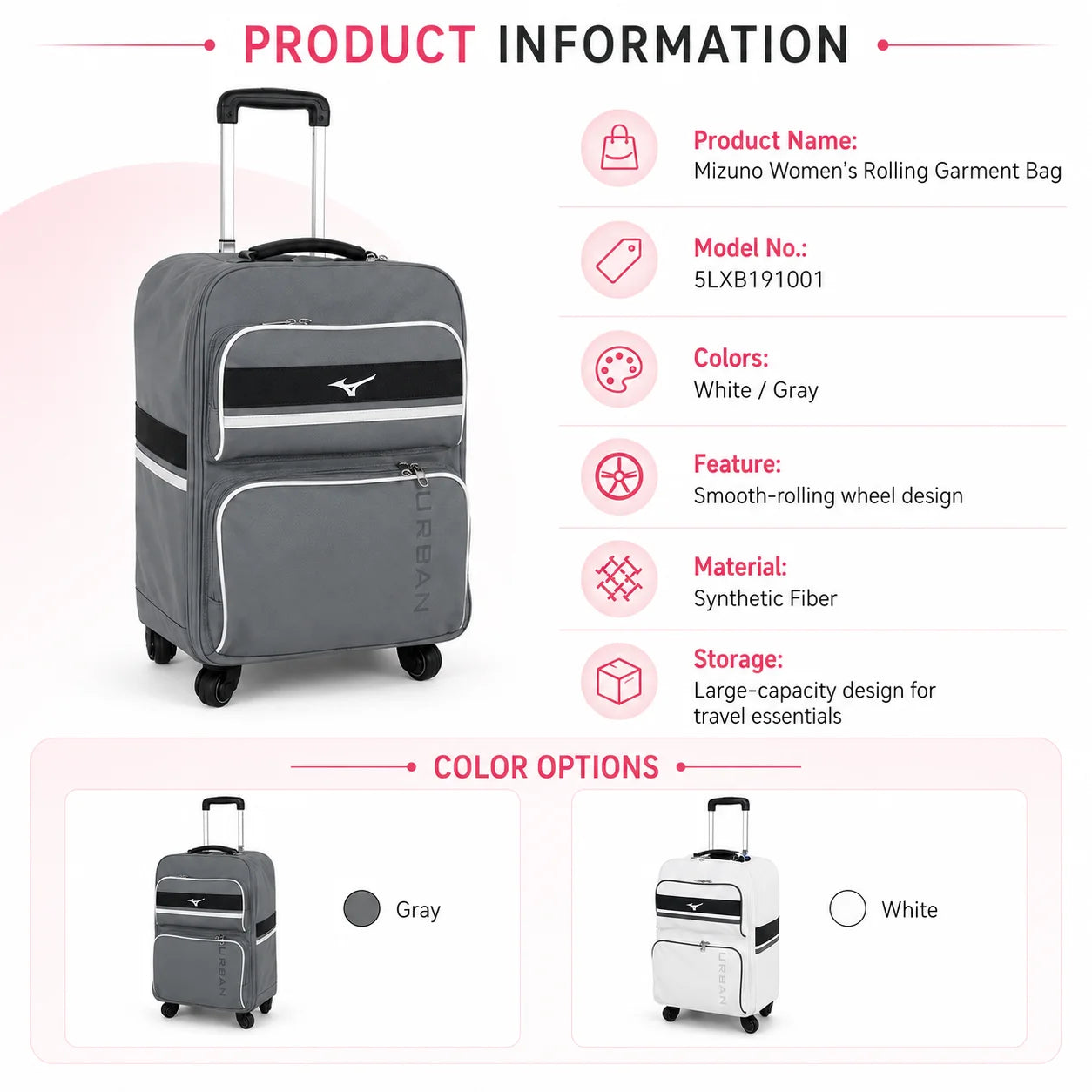 Mizuno Women's Rolling Golf Clothing Bag 2026 Premium Wheeled Travel Duffle Large Capacity Grey Suitcase Perfect Gift for Golfer AllFourSports