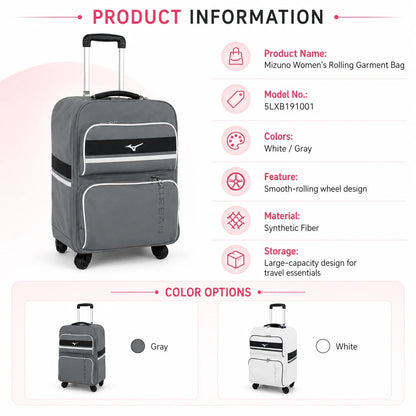 Mizuno Women's Rolling Golf Clothing Bag 2026 Premium Wheeled Travel Duffle Large Capacity Grey Suitcase Perfect Gift for Golfer AllFourSports